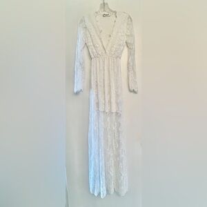 Vintage White Lace Long Sleeve Maxi Dress Peignoir Boho Size Small